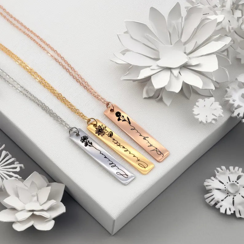 Birth Month Flower Engraved Bar Name Pendant