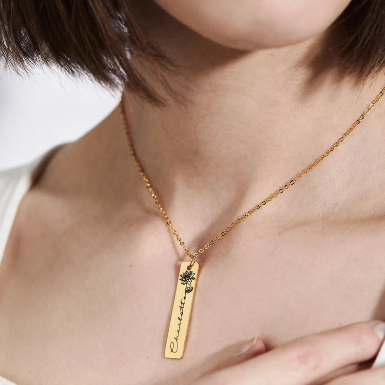 Birth Month Flower Engraved Bar Name Pendant