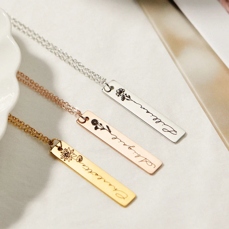 Birth Month Flower Engraved Bar Name Pendant