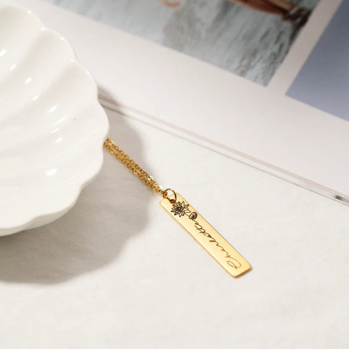 Birth Month Flower Engraved Bar Name Pendant