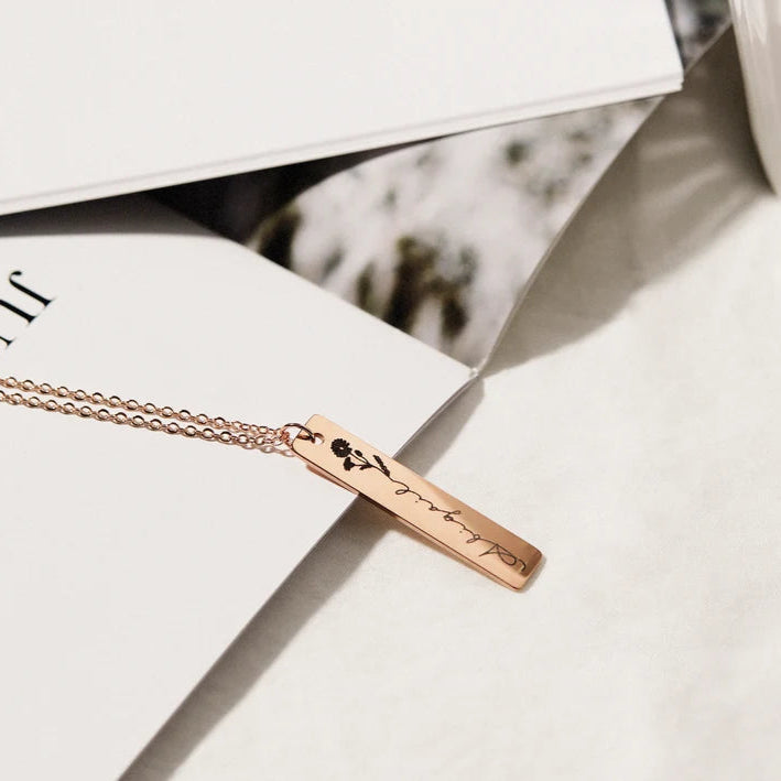 Birth Month Flower Engraved Bar Name Pendant