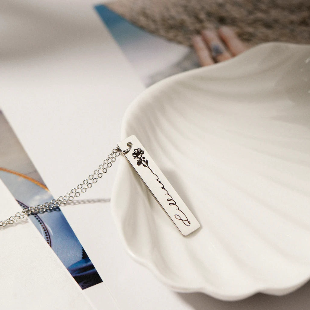 Birth Month Flower Engraved Bar Name Pendant